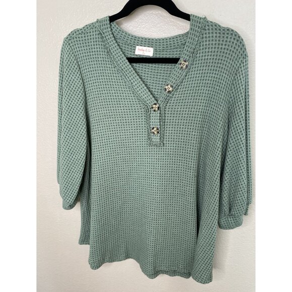 Hailey & Co Womens Green Blouse 1X‎ waffle 3/4 sleeve v-neck nylon pullover - Picture 2 of 6